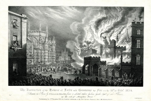 Eine Schwarz-Weiß-Zeichnung einer Stadtstraße mit brennenden und rauchenden Gebäuden, Menschen mit Karren und der Text "Die Zerstörung des Houses of Lords und Commons durch Feuer am 16. Oktober 1834" unten.