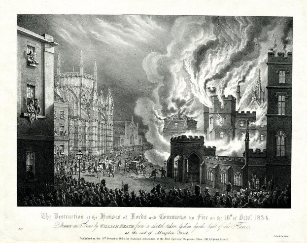 Eine Schwarz-Weiß-Zeichnung einer Stadtstraße mit brennenden und rauchenden Gebäuden, Menschen mit Karren und der Text "Die Zerstörung des Houses of Lords und Commons durch Feuer am 16. Oktober 1834" unten.