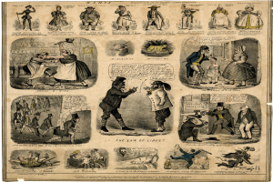 Ein altes Buch mit einer Karikatur eines Mannes in Zylinder und langem Mantel und einer Frau in einem Kleid, die ein Buch hält, beide scheinbar besorgt, mit der Aufschrift "Das Gesetz der Freiheit" in fetter schwarzer Schrift vor einem tiefblauen Hintergrund.