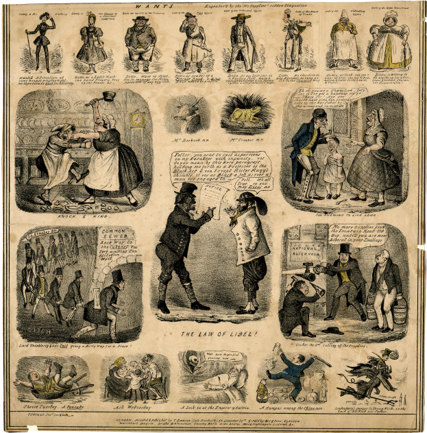 Ein altes Buch mit einer Karikatur eines Mannes in Zylinder und langem Mantel und einer Frau in einem Kleid, die ein Buch hält, beide scheinbar besorgt, mit der Aufschrift "Das Gesetz der Freiheit" in fetter schwarzer Schrift vor einem tiefblauen Hintergrund.