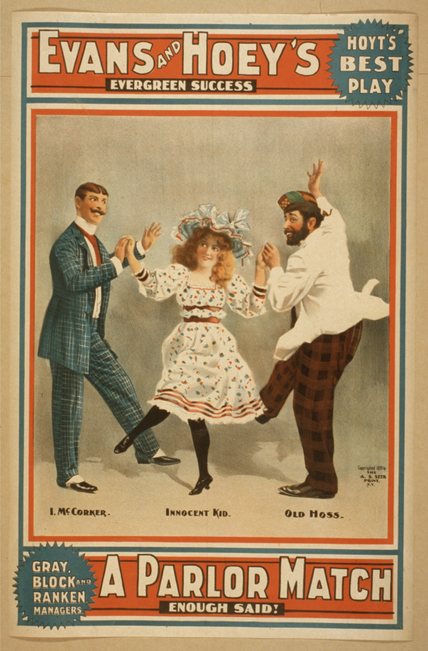 Ein Vintage-Plakat mit einem Mann und einer Frau in Abendgarderobe beim Tanzen, mit der Aufschrift 'Evans und Hoeys Evergreen-Erfolg: Ein Salon-Turnier' oben drauf.