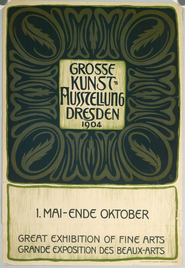 Plakat für die Große Kunstausstellung an der Grand Exposition des Beaux-Arts in Dresden, Deutschland, 1904, mit auffälliger Textwerbung.