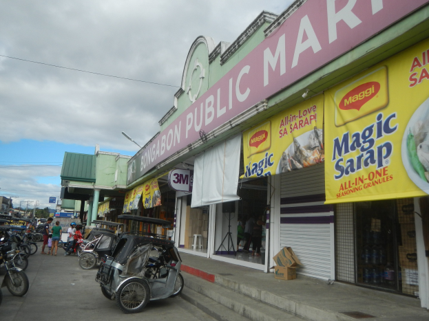 Eine belebte Stadtstraße mit parkenden Fahrzeugen, Fußgängern auf dem Gehweg, Gebäuden einschließlich "Bongabon Public Market", Bäumen, Strommasten mit Drähten und einem bewölkten Himmel.