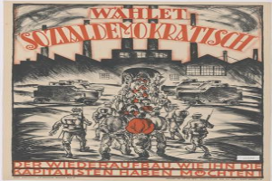 Ein deutsches Propagandaplakat der Nationalsozialistischen Deutschen Arbeiterpartei für die Sowjetunion, das eine Gruppe von Menschen und Fahrzeugen im Vordergrund und ein Gebäude im Hintergrund zeigt, sowie den Text "Wahlet Sozialdemokratisch - der Wiederaufbau wiehn die kapitalisten haben mochten".