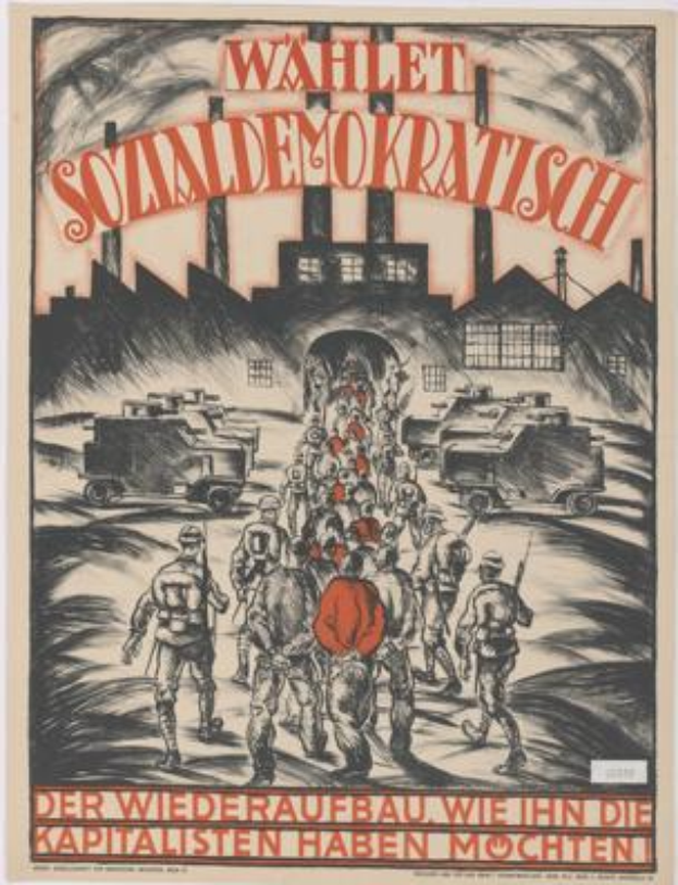 Ein deutsches Propagandaplakat der Nationalsozialistischen Deutschen Arbeiterpartei für die Sowjetunion, das eine Gruppe von Menschen und Fahrzeugen im Vordergrund und ein Gebäude im Hintergrund zeigt, sowie den Text "Wahlet Sozialdemokratisch - der Wiederaufbau wiehn die kapitalisten haben mochten".