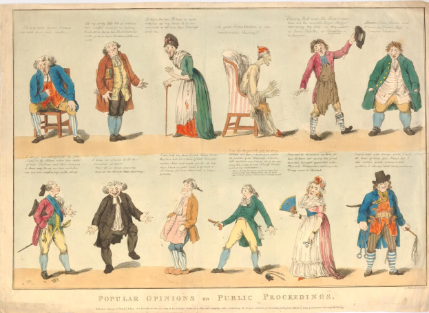 Ein Blatt mit Fotos von Menschen und handgeschriebenem Text, das öffentliche Meinungen zu Verfahren zusammenfasst.