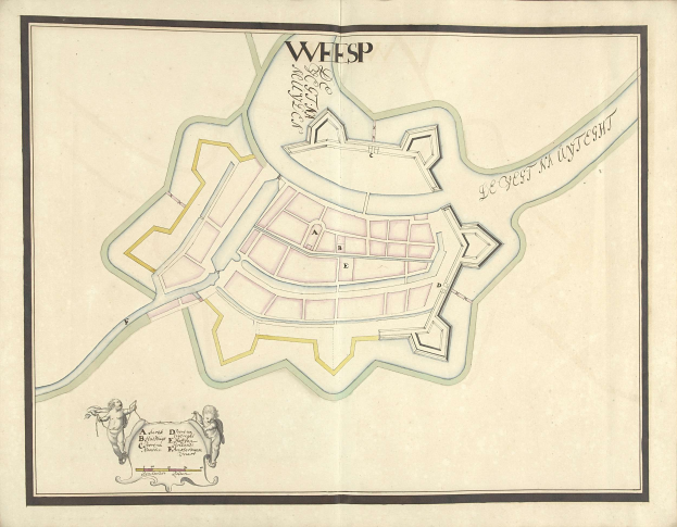 Detailierte Karte von Wiesbaden, Deutschland, mit Straßen, Gebäuden und Sehenswürdigkeiten auf Papier.