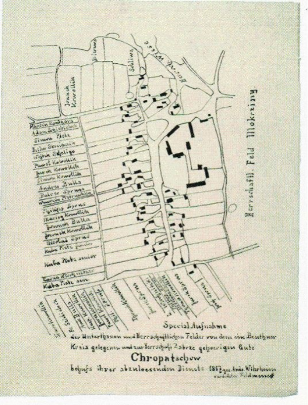 Alte detaillierte Karte von Chropatschow, Deutschland, zeigt Straßen, Gebäude, Sehenswürdigkeiten und Text mit zusätzlichen Stadtinformationen.