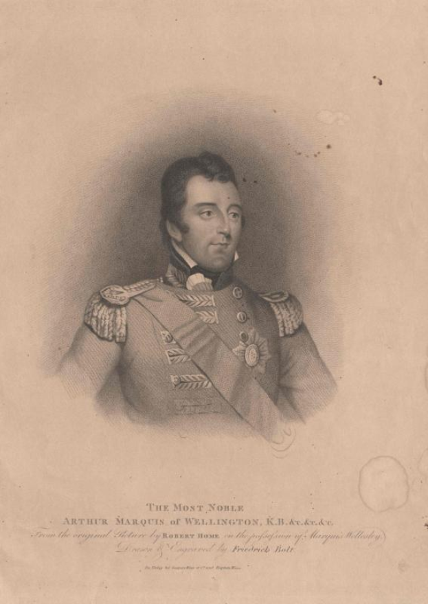 Porträt von Arthur, Marquis of Wellington, in militärischer Uniform mit Schirmmütze und Gürtelschnalle, mit strenger Miene und direktem Blick.