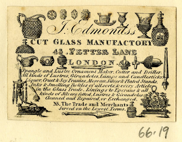 Schwarze und weiße Werbung für eine Londoner Glasfabrik, die Text und Abbildungen von Glaswaren und Fertigungswerkzeugen zeigt.