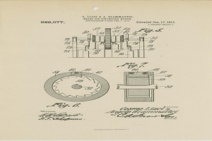 Eine detaillierte Strichzeichnung einer mechanischen Maschine aus einem Patentdokument, beschriftet mit "Cosmo Liact Patent 982,077", mit Zahnrädern, Zylindern und anderen Komponenten.