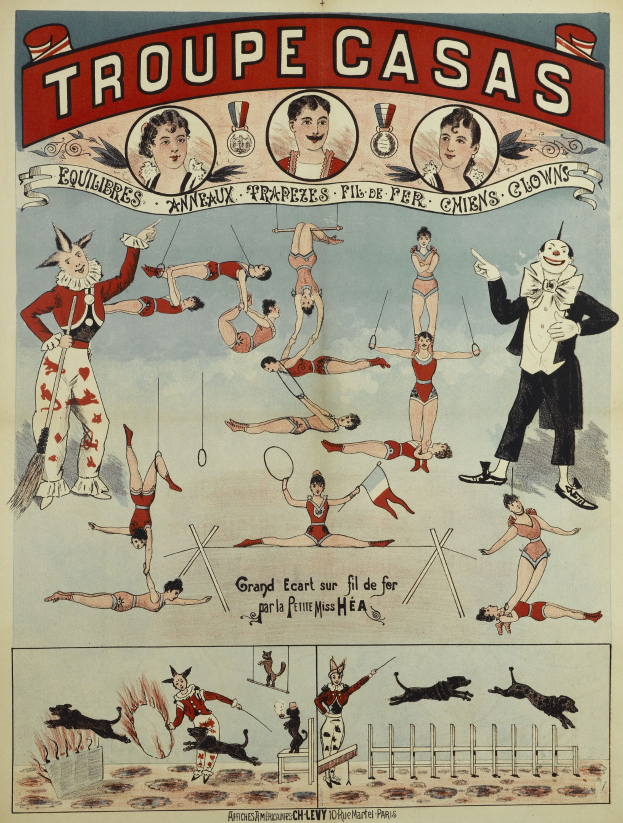 Zirkusposter in Paris mit Performern in bunten Kostümen und Masken, mit Text 'Troupe Casas'.