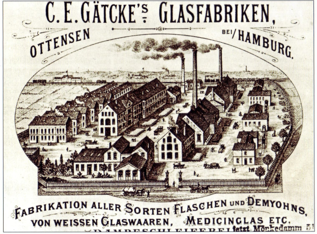 Alte Werbetafel für C.E. Gatcke's Glasfabrikken in Hamburg, Deutschland, zeigt Gebäude, Bäume, Rauch aus Schornsteinen und Text.