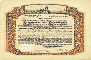 Alter deutscher Aktienchein mit einer Stadtansicht und gedrucktem Text, der den Ursprung der Aktie beschreibt.