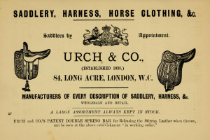 Werbung für urch & co Sattlerei mit Schuhwerk, Sätteln, Zaumzeug und Zügeln.