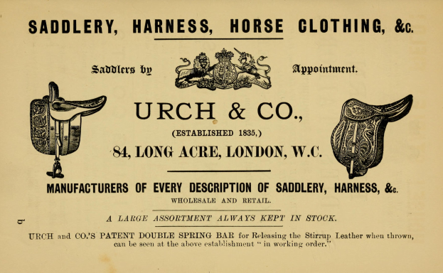 Werbung für urch & co Sattlerei mit Schuhwerk, Sätteln, Zaumzeug und Zügeln.