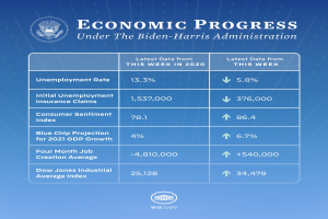 Ein blauer Hintergrund mit weißer Schrift und einem weißen Kreis-Logo mit schwarzem Rand, beide zentriert, mit der Aufschrift "wirtschaftliches Wachstum unter der Biden-Harris-Regierung."