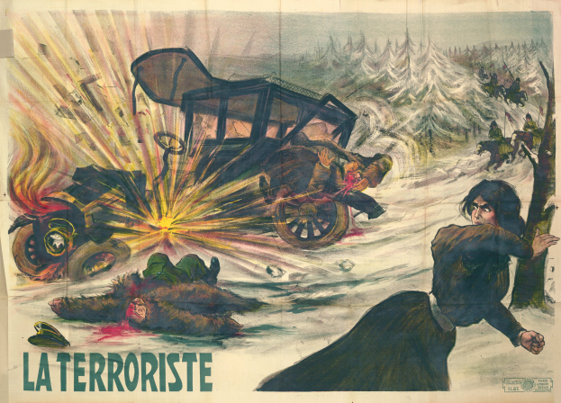 Ein Filmplakat für "La Terroriste" mit einer chaotischen Szene mit Menschen, Fahrzeugen, Bäumen und verschiedenen Gegenständen, gefüllt mit leuchtenden Farben und fetter Schrift, die Dringlichkeit und Gefahr vermitteln.