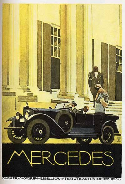 Vintage-Plakat aus den 1920er-Jahren von Mercedes-Benz mit einem klassischen Auto mit zwei Personen darin, das vor einem modernen Glasgebäude geparkt ist, mit 'Mercedes-Benz'-Text unten.