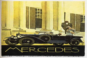 Vintage-Plakat aus den 1920er-Jahren von Mercedes-Benz mit einem klassischen Auto mit zwei Personen darin, das vor einem modernen Glasgebäude geparkt ist, mit 'Mercedes-Benz'-Text unten.