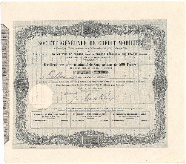 Altes Aktienzertifikat der Société Generale de Credit Mobilier, ein Papierdokument mit gedrucktem Text, der die Dienstleistungen der Bank beschreibt.