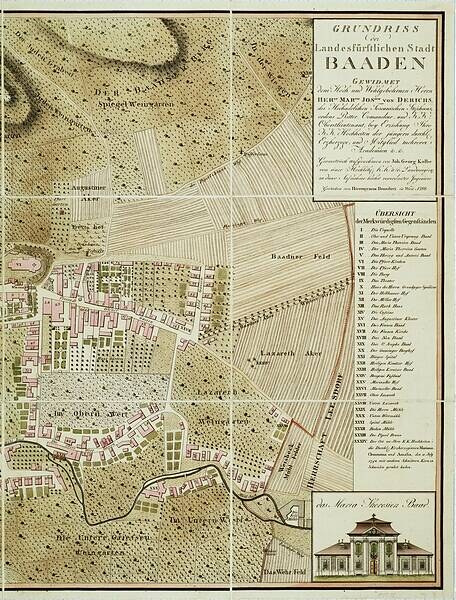 Alte detaillierte Karte von Baden-Württemberg, Deutschland, mit einem Gebäude in der rechten unteren Ecke, die Straßen, Gebäude und Texte mit Stadtinformationen zeigt.