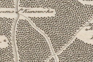 Ausführliche alte Karte von Kunowoka, Polen, zeigt Straßen, Gebäude, Sehenswürdigkeiten und Text mit zusätzlicher Stadtinformation.