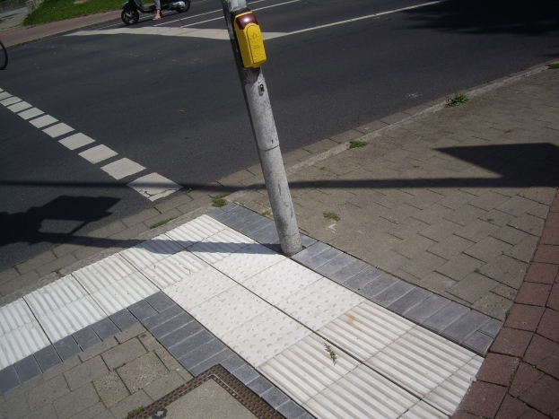 Eine Person auf einem Roller auf einer Straße neben einem Gehweg, mit einem Pfahl in der Mitte der Straße, einem Fahrrad auf dem Gehweg geparkt und Gebäuden, Bäumen und Gras im Hintergrund.