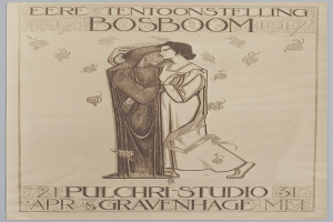 Ein Konzertplakat, das einen Mann in einem Anzug und eine Frau in einer Schürze zeigt, die nebeneinander stehen und beide ernst aussehen.