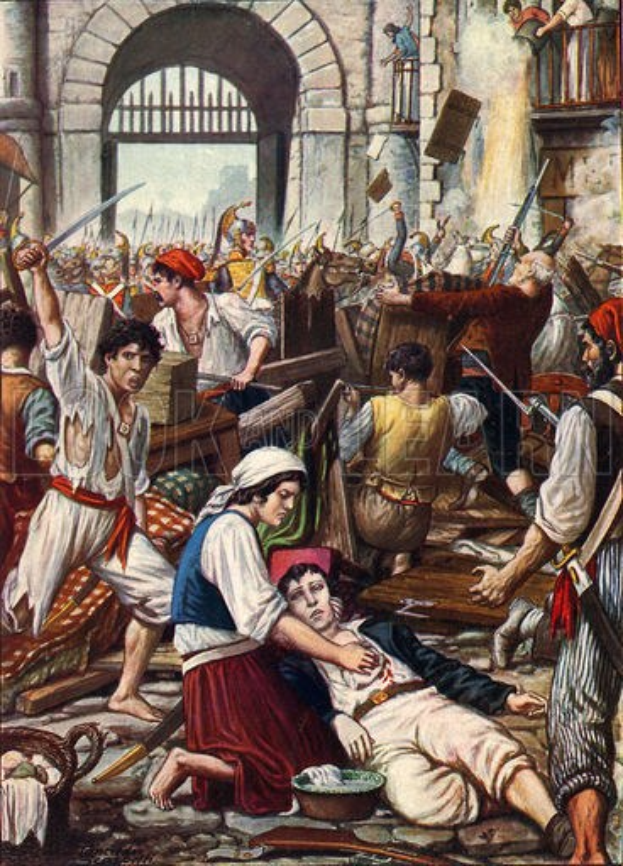 Gemälde, das eine gewalttätige Szene mit einem Mann am Boden umgeben von bewaffneten Personen zeigt, in einem Raum mit gewölbten Fenstern und einem Gebäude im Hintergrund, betitelt mit "Der Massaker der osmanischen Reich."