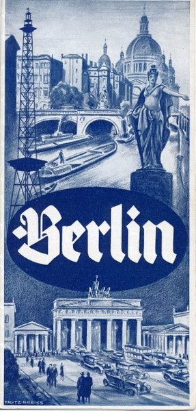 Plakat, das Berlin, Deutschland bewirbt, zeigt eine Statue, Gebäude, einen Turm, Menschen, Fahrzeuge auf der Straße, eine Brücke und Text mit Informationen über die Stadt.