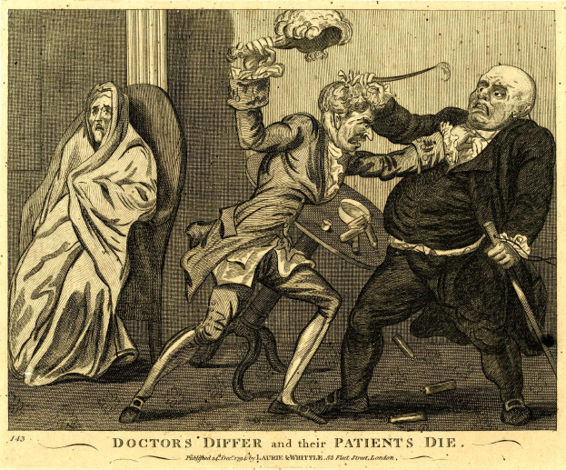 Ein Plakat mit zwei Figuren: eine sitzend in einem Stuhl und die andere stehend, während sie ein Objekt hält, mit der Beschriftung "Ärzte differieren und ihre Patienten sterben" unten.