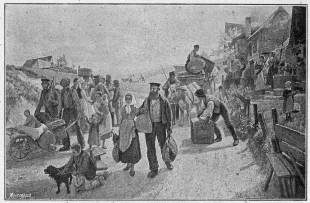 Eine Gruppe von Menschen, einige mit Taschen, geht einen Schotterweg entlang mit einem Hund und einem von einem Pferd gezogenen Wagen, mit Häusern und einem klaren Himmel im Hintergrund; Text unten lautet "Deutsche Flüchtlinge in Deutschland".
