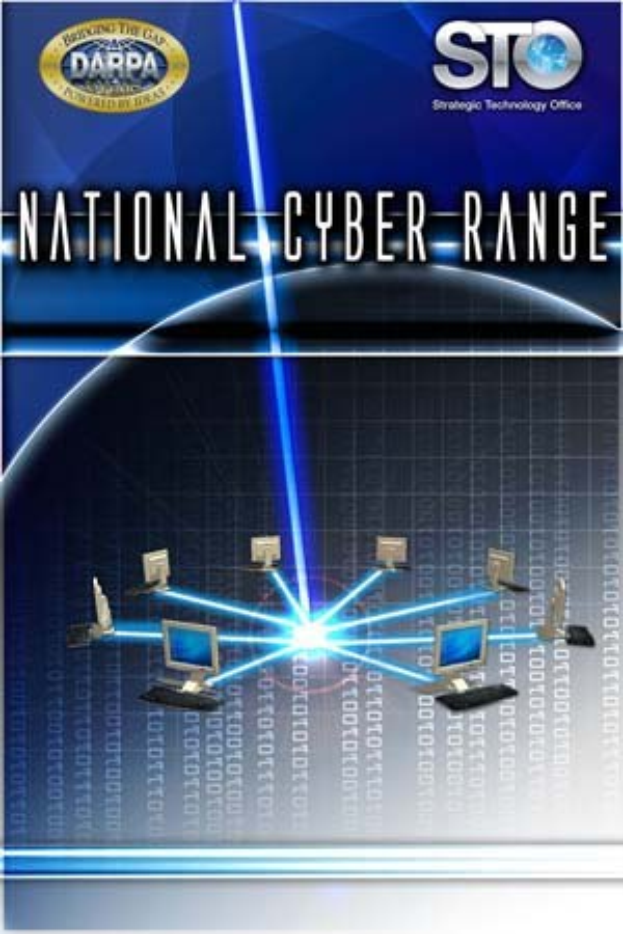 Plakat mit "National Cyber Range" in fetter, wei├čer Schrift auf einem blauen Hintergrund, das eine Weltkugel mit mehreren verbundenen Computern zeigt.