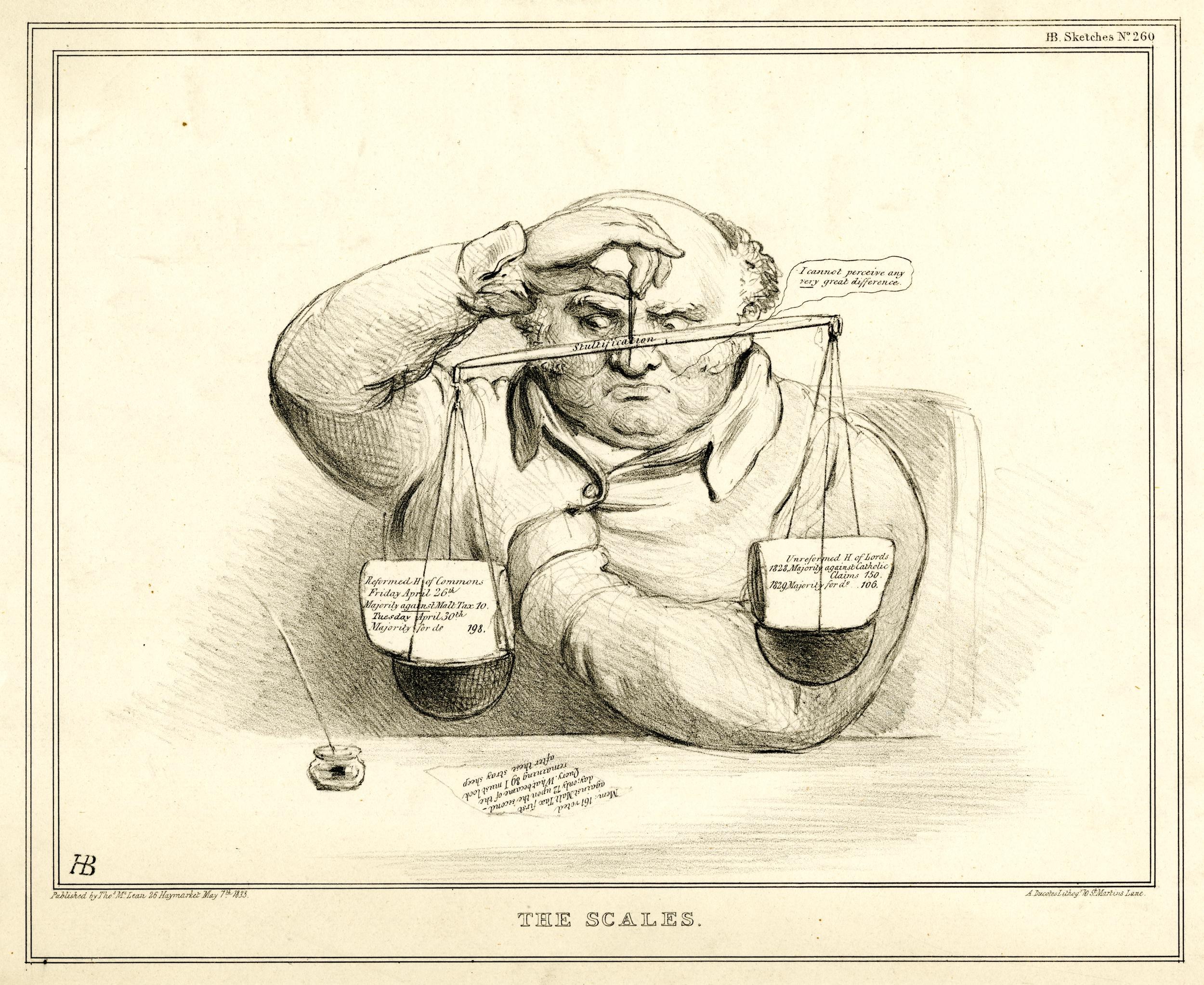 Ein Mann im Anzug sitzt an einem Tisch mit einer Waage vor sich und sieht konzentriert auf Dokumente, die mit Text und Zahlen markiert sind.