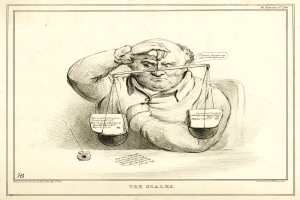 Ein Mann im Anzug sitzt an einem Tisch mit einer Waage vor sich und sieht konzentriert auf Dokumente, die mit Text und Zahlen markiert sind.