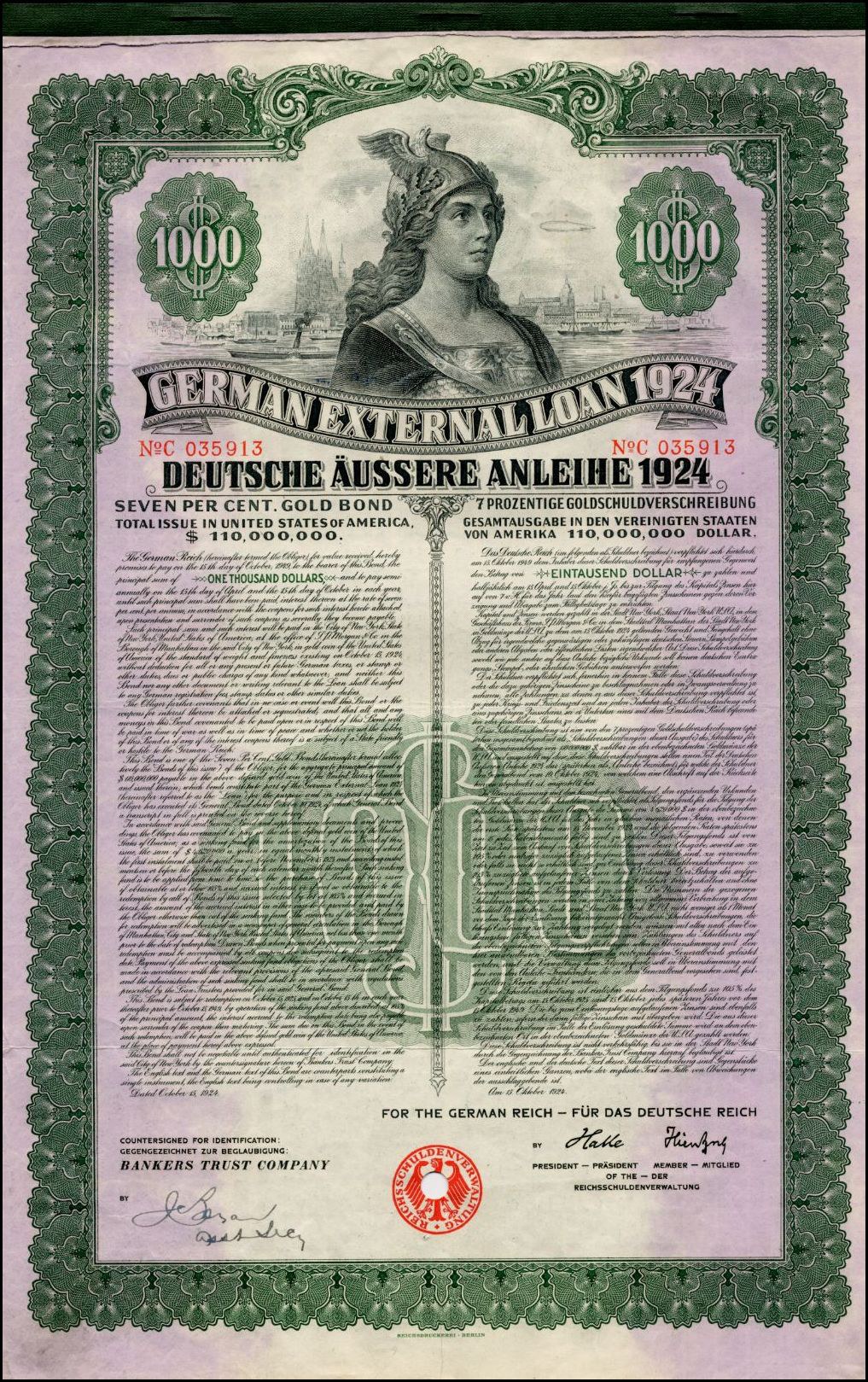 Deutsches Auslandsdarlehen-Zertifikat aus dem Jahr 1924 mit einem Porträt einer Frau, bedruckt mit Text und numerischer Bezeichnung.