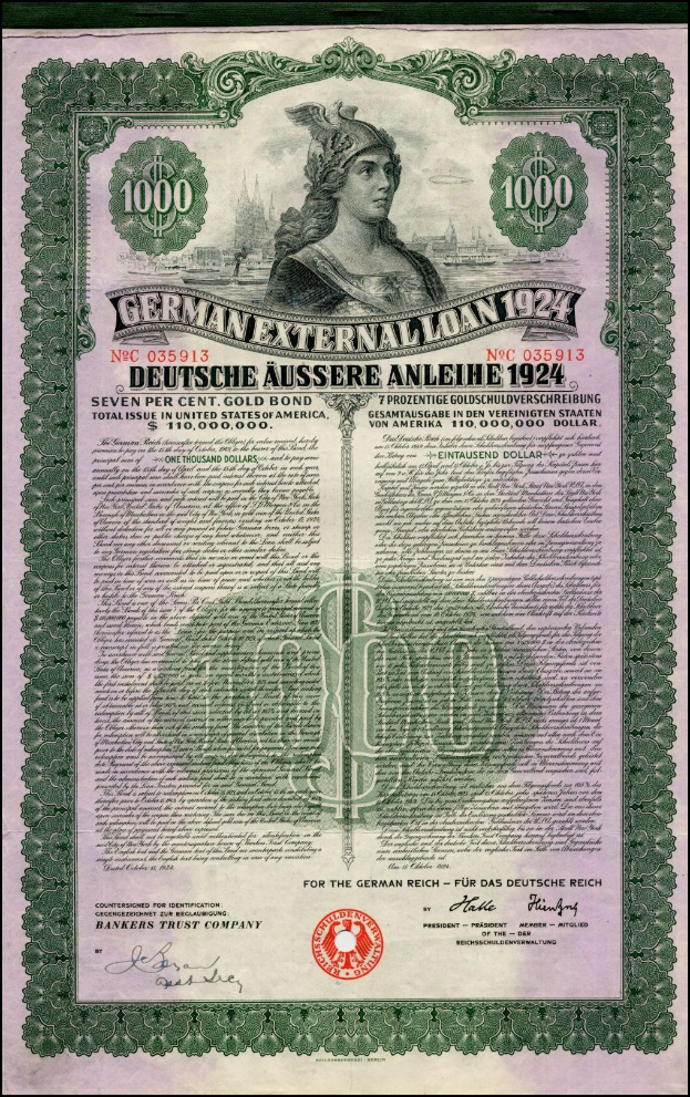 Deutsches Auslandsdarlehen-Zertifikat aus dem Jahr 1924 mit einem Porträt einer Frau, bedruckt mit Text und numerischer Bezeichnung.
