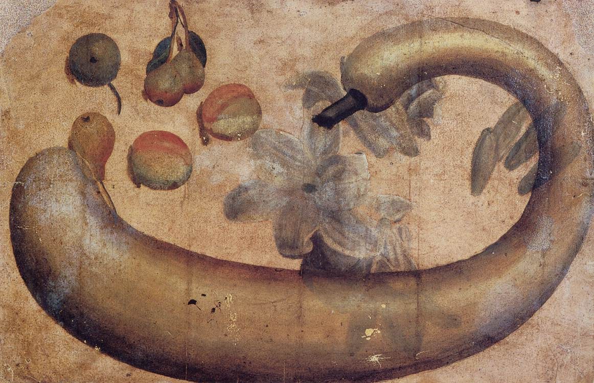 Gemälde einer Banane mit einer Blume darauf, umgeben von verschiedenen Früchten und Blättern auf Papier mit leuchtenden Farben und klaren Details.