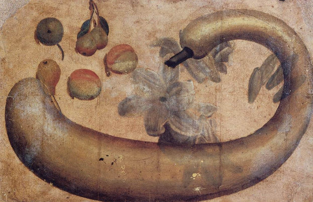 Gemälde einer Banane mit einer Blume darauf, umgeben von verschiedenen Früchten und Blättern auf Papier mit leuchtenden Farben und klaren Details.