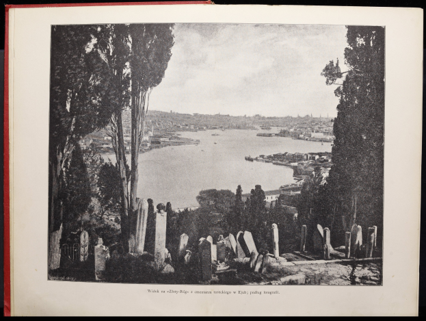 Schwarzes und weißes Foto eines Friedhofs mit einem See im Hintergrund, umgeben von Bäumen und Gebäuden unter einem bewölkten Himmel, mit Text unten.