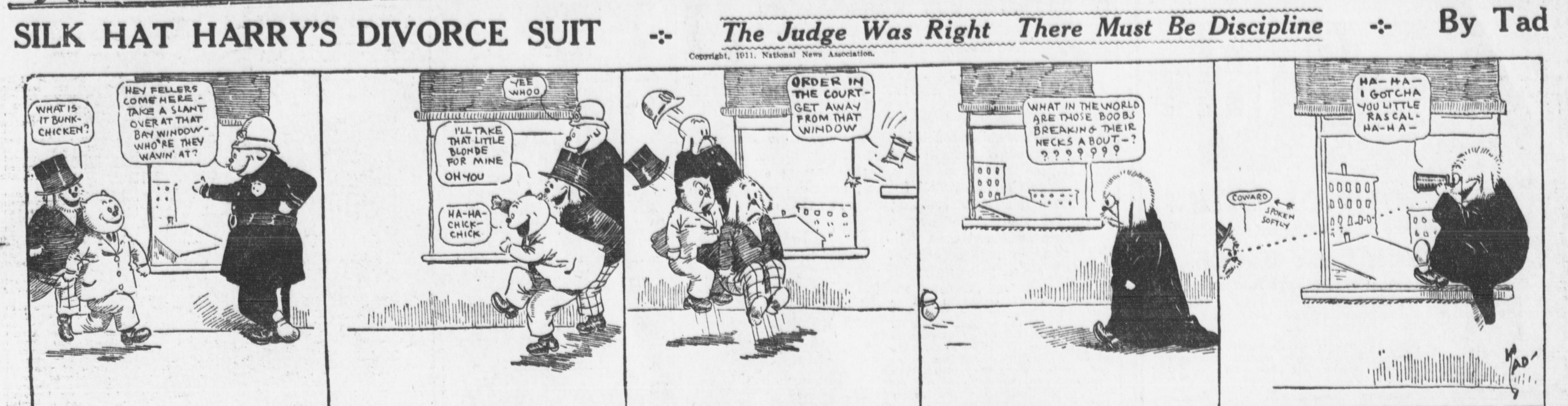 Cartoon-Illustration eines Mannes in einem schwarzen Anzug mit weißem Hemd und schwarzer Krawatte und einer Frau in einem eleganten Kleid mit einem schwarzen Schultertuch, beide mit ernsten Gesichtern, beschriftet mit "Scheidungsklage."