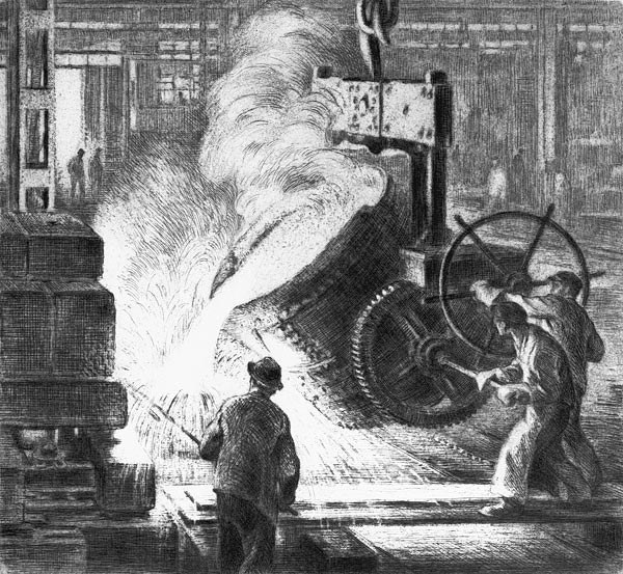 Schwarz-weiß-Zeichnung von drei Männern, die in einer Fabrik arbeiten, mit einer zentralen Maschine, die Rauch ausstößt, Kisten links und eine Wand im Hintergrund.