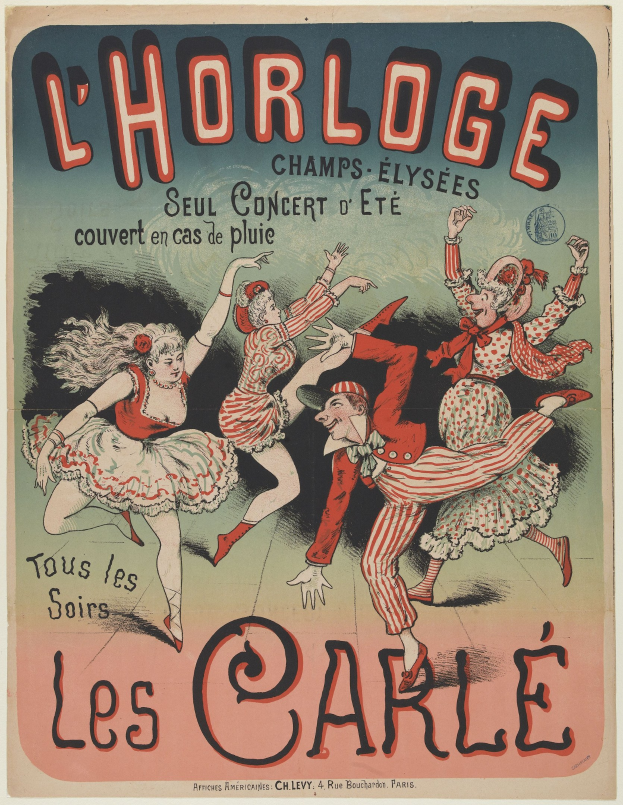Ein farbenfrohes Konzertplakat für ein Event im Chorlage in Paris, das eine Gruppe von Menschen in bunten Kostümen zeigt, die fröhlich tanzen, vor einem hellgelben Hintergrund mit fetter Schrift.