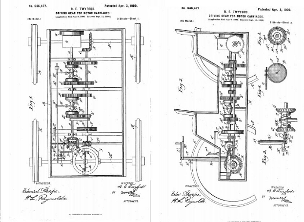 Schwarz-weißes technisches Zeichnung eines getriebefüllten frühen Automobildes auf altem Papier mit handschriftlichen Anmerkungen.