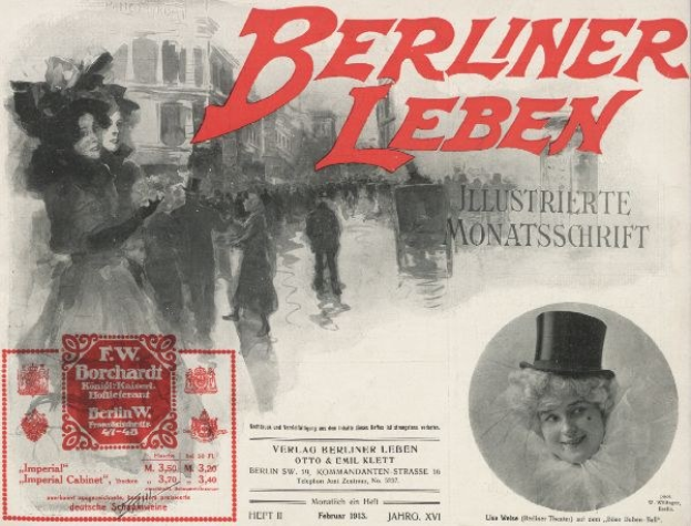 Plakat für das Berliner Leben Theater mit einer Frau in einem Zylinder und einem Mann in einem Anzug, mit Text, einem Stempel, Menschen und Geb├Ąuden im Hintergrund.