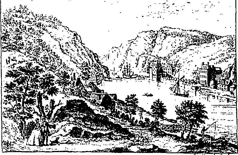 Schwarze und weiße Zeichnung einer Berglandschaft mit Bäumen, Gebäuden, Höhen und Himmel, beschriftet mit "The Lake District" unten.