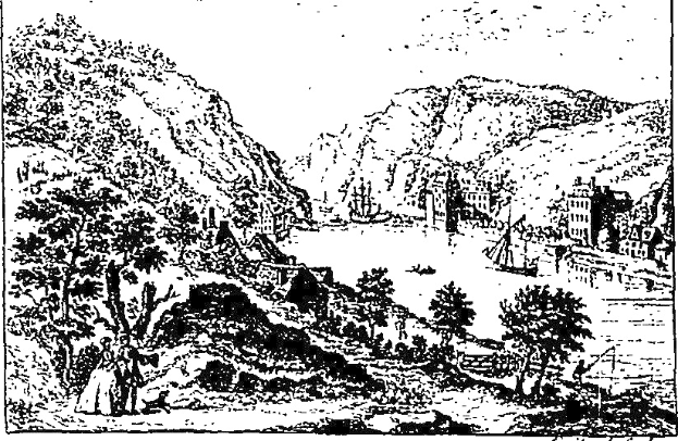 Schwarze und weiße Zeichnung einer Berglandschaft mit Bäumen, Gebäuden, Höhen und Himmel, beschriftet mit "The Lake District" unten.