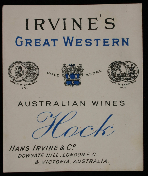 Plakat, das Irvines Great Western Australian Wines bewirbt, mit dem Namen und Logo des Unternehmens.