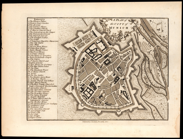 Ein altes Stadtplan von München, Deutschland, auf einem schwarzen Hintergrund, mit detaillierten Straßen, Gebäuden und Sehenswürdigkeiten mit beschrifteten Text.